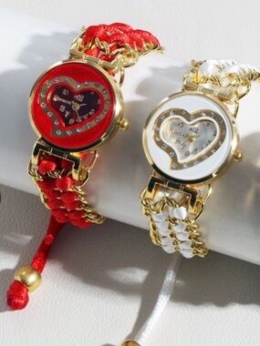Gold Heart Accent Women's Watch Bracelet - Red, white or Brown